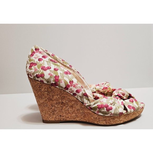 H&M Cork Cherry Print Canvas Wedge Heels Size 8 Knot Top Rockabilly - Picture 2 of 10